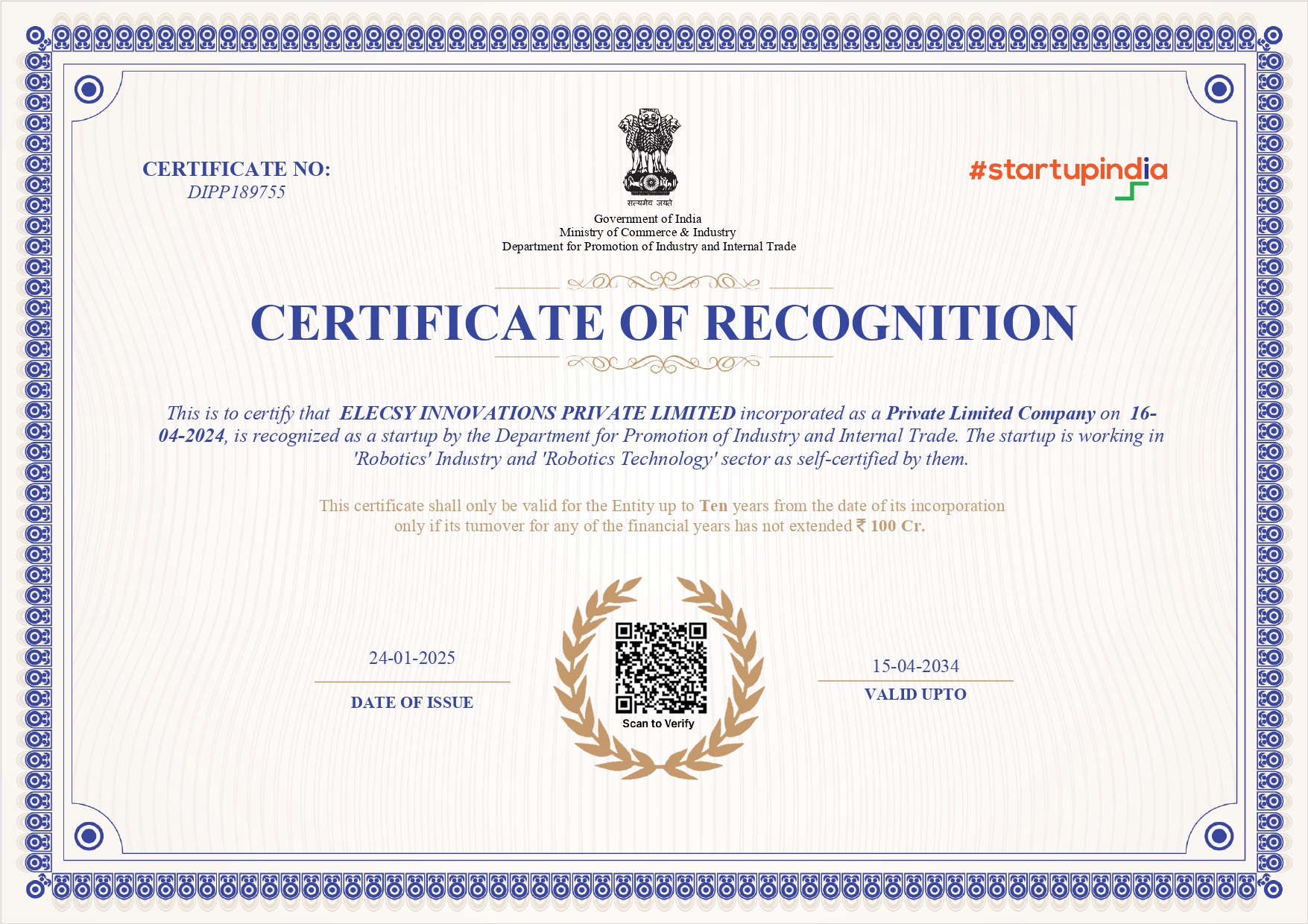 DPIIT Government of India certificate awarded to Elecsy Innovation in 2025
